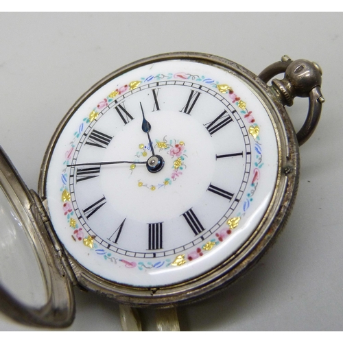 7175 - An 800 silver fob watch with decorative dial