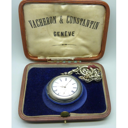 7182 - A Vacheron & Constantin pocket watch box with a 19th century Swiss open face pocket watch and Albert... 