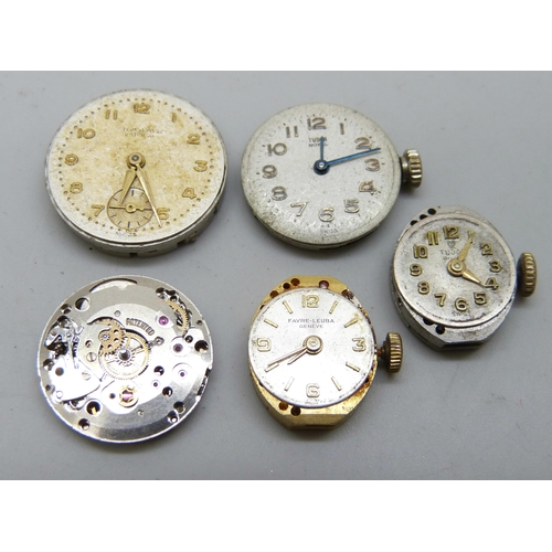 7186 - Three Tudor by Rolex wristwatch movements, one with missing dial, an International Watch Co. (IWC) m... 