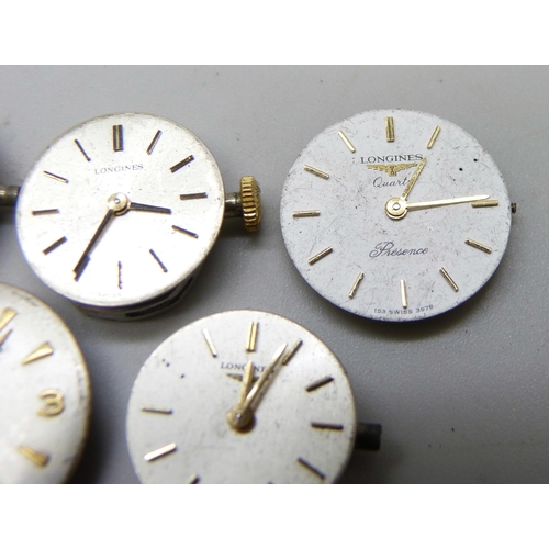 7187 - Five Longines wristwatch movements, (lady's watches)