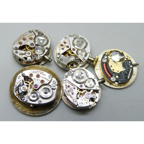 7187 - Five Longines wristwatch movements, (lady's watches)