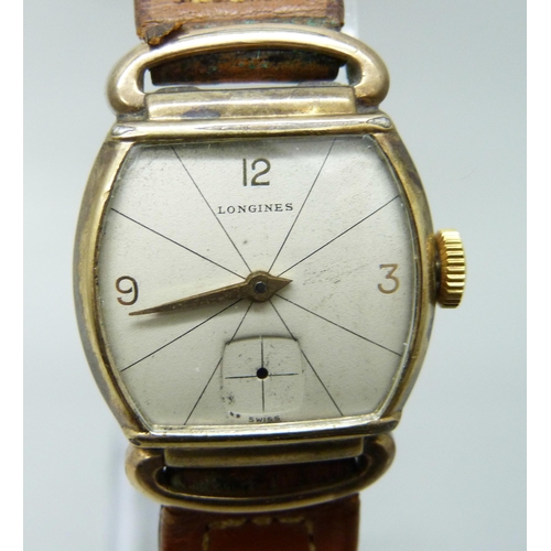 7200 - A 10ct gold filled Longines wristwatch, lacking second hand, 24mm case