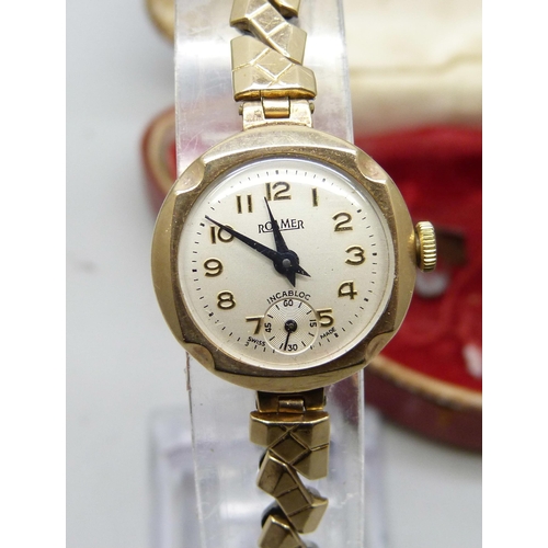 7217 - A 9ct gold lady's wristwatch, Roamer, cased