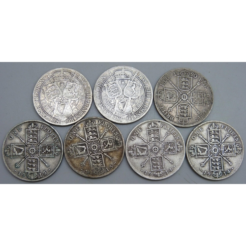 7224 - Coins; seven silver Florins, 1890, 1894, 1898, 1914 x2, 1915, 1916, (77g)