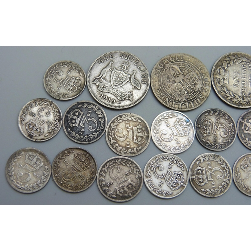 7227 - Coins; pre 1920 coin collection, 1881, 1887, 1901 shillings, 1910 Australian shilling, nineteen silv... 