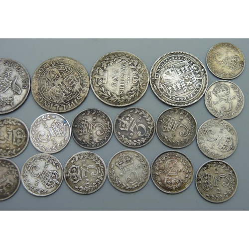 7227 - Coins; pre 1920 coin collection, 1881, 1887, 1901 shillings, 1910 Australian shilling, nineteen silv... 