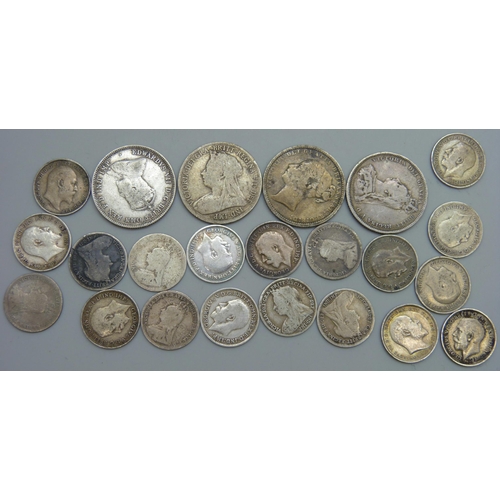 7227 - Coins; pre 1920 coin collection, 1881, 1887, 1901 shillings, 1910 Australian shilling, nineteen silv... 