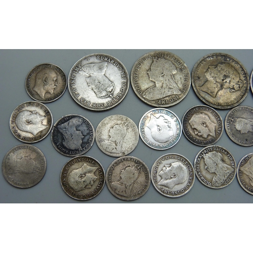 7227 - Coins; pre 1920 coin collection, 1881, 1887, 1901 shillings, 1910 Australian shilling, nineteen silv... 