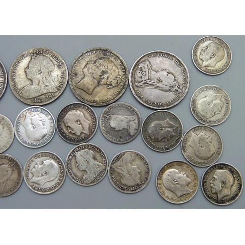 7227 - Coins; pre 1920 coin collection, 1881, 1887, 1901 shillings, 1910 Australian shilling, nineteen silv... 