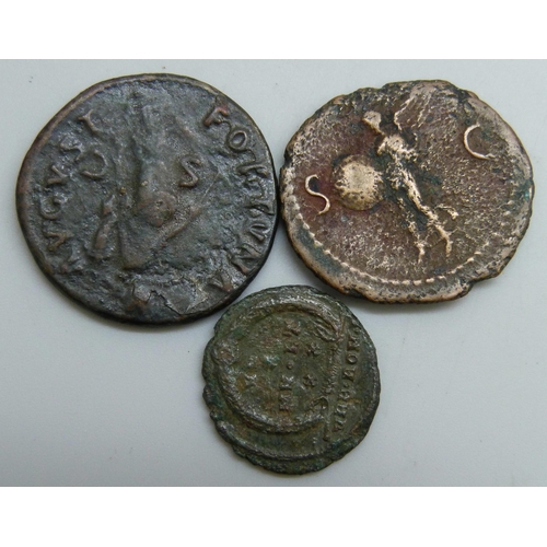 7230 - Coins; three Ancient Roman coins, Titus Bronze AS (79-81AD) Felicitas reverse, Nero Dupondius (37-68... 