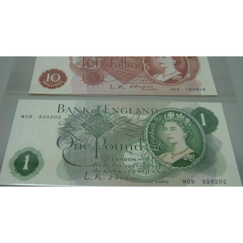 7241 - A 10/- (shillings) note, chief cashier, L.K. O.Brien, a £1 Note, O'Brien, a £5 note, Elizabeth Fry, ... 