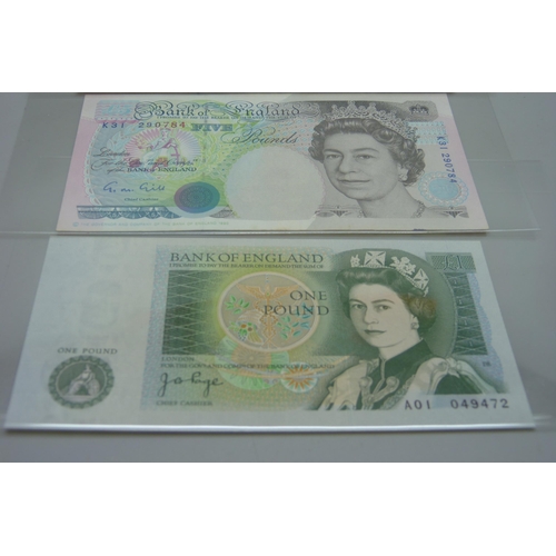 7243 - A £1 note (Sir Isaac Newton 1642-1727) chief cashier J.O. Page, a £5 Note - George Stephenson 1781-1... 