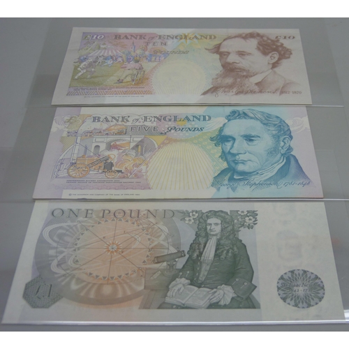 7243 - A £1 note (Sir Isaac Newton 1642-1727) chief cashier J.O. Page, a £5 Note - George Stephenson 1781-1... 