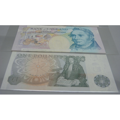 7243 - A £1 note (Sir Isaac Newton 1642-1727) chief cashier J.O. Page, a £5 Note - George Stephenson 1781-1... 