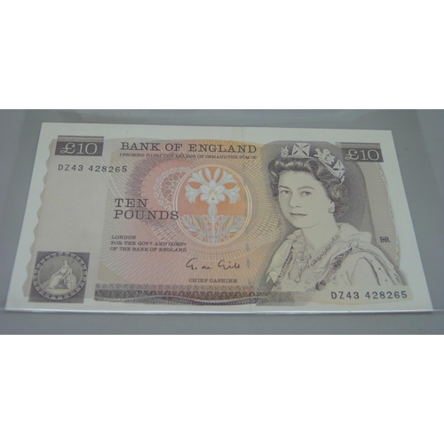 7244 - A £10 Note, Queen Elizabeth/Florence Nightingale reverse, chief cashier G.M. Gill, uncirculated cond... 