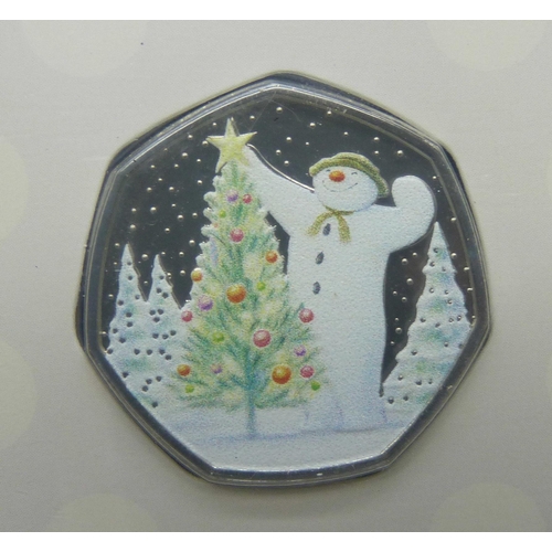 7247 - The Royal Mint, The Snowman 50p pence in colour coin, brilliant uncirculated, and The Royal Mint, Na... 