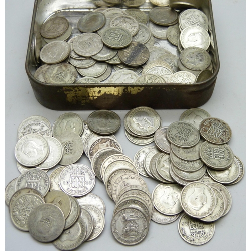 7248 - A collection of pre 1947 silver sixpences, over 150, (411g)