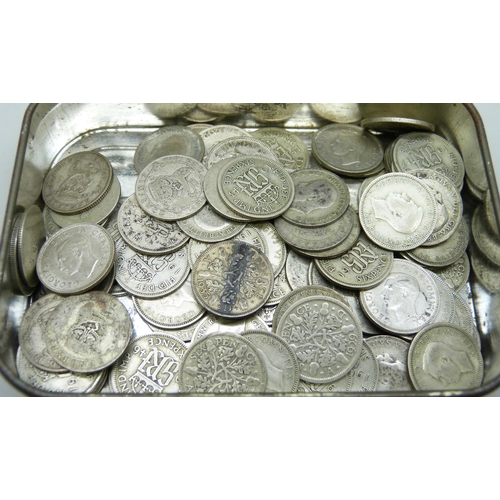 7248 - A collection of pre 1947 silver sixpences, over 150, (411g)