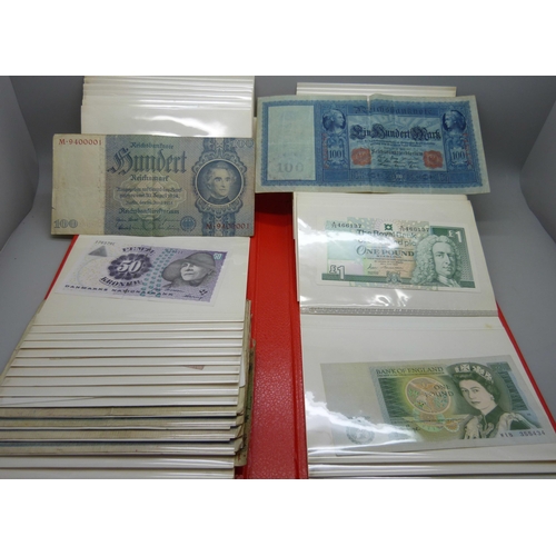 7250 - A collection of bank notes to include £20, £10, £5 and £1 notes, German Reichsmarks, Norwegian Krone... 