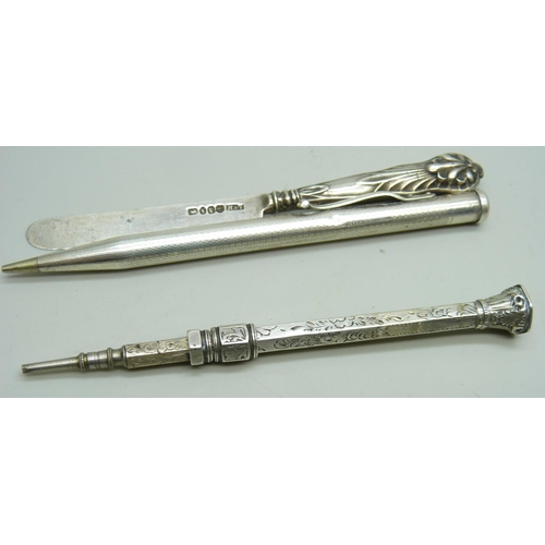 7260 - A silver Yard-O-Led pencil, a propelling pencil, a small Victorian silver knife and a similar but un... 