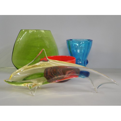 2262 - Glassware comprising a Mdina Phoenecian red bowl, yellow glass dolphin, blue vase and green vase, po... 