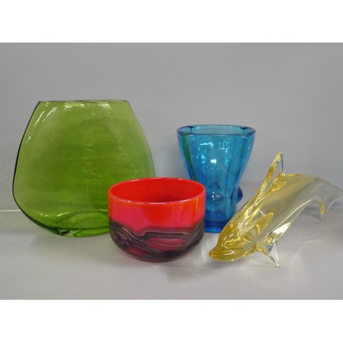 2262 - Glassware comprising a Mdina Phoenecian red bowl, yellow glass dolphin, blue vase and green vase, po... 