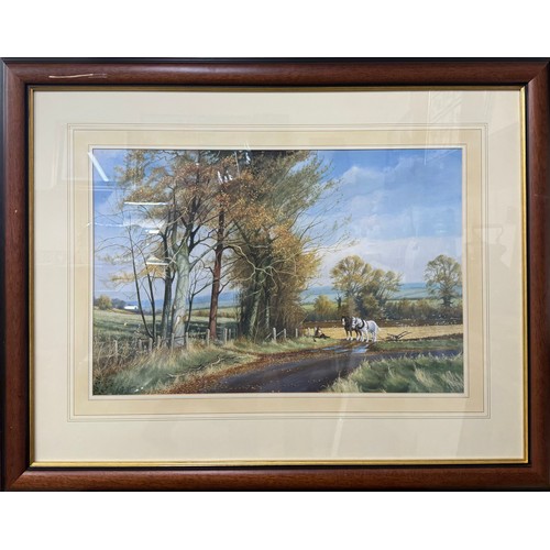 295B - A H.J Squires countryside landscape print, depicting two plough horses working in a field, framed