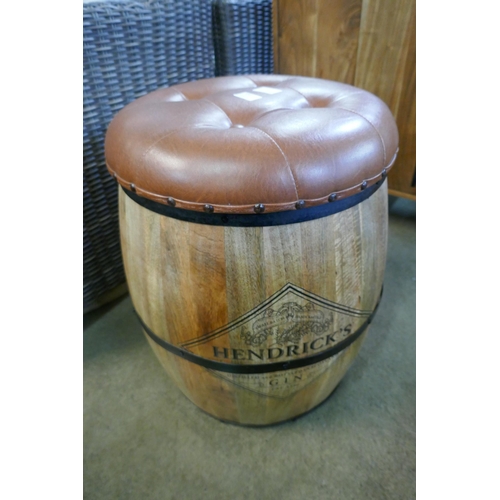 3045 - A mango wood barrel shaped storage stool bearing Hendricks Gin inscription