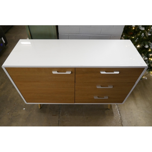 3076 - A white high gloss single door, three drawer sideboard (marked top)