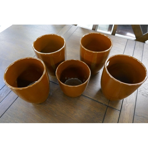 3108 - A set of five caramel painted plant pots in assorted sizes