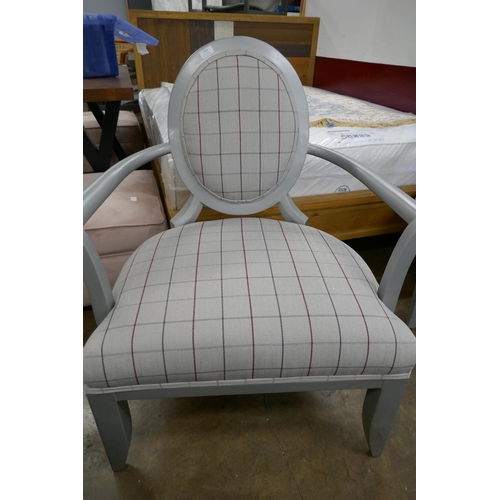 3164 - A grey painted and tartan fabric upholstered carver chair