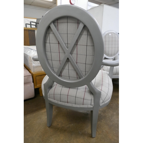 3164 - A grey painted and tartan fabric upholstered carver chair