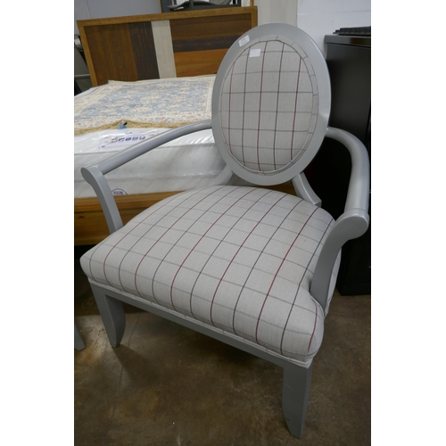 3165 - A grey painted and tartan fabric upholstered carver chair