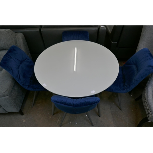 3176 - A grey gloss circular dining table and four navy velvet upholstered dining chairs