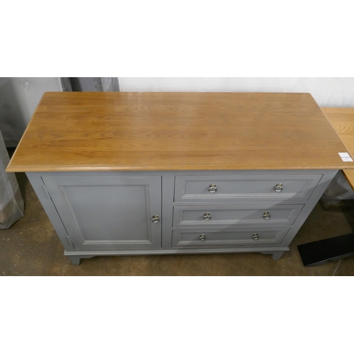 3209 - A grey painted and pine single door, three drawer sideboard