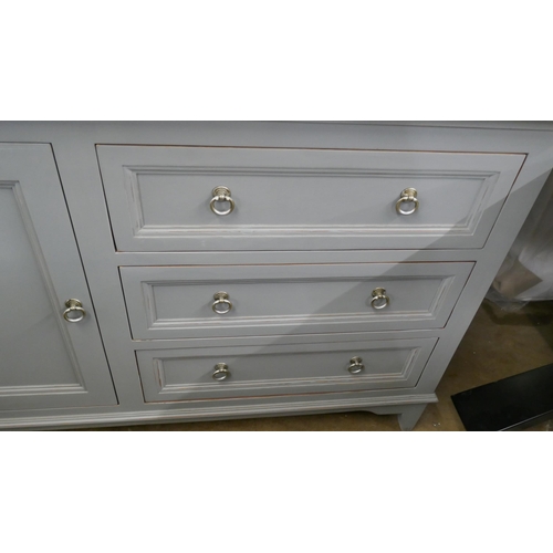 3209 - A grey painted and pine single door, three drawer sideboard