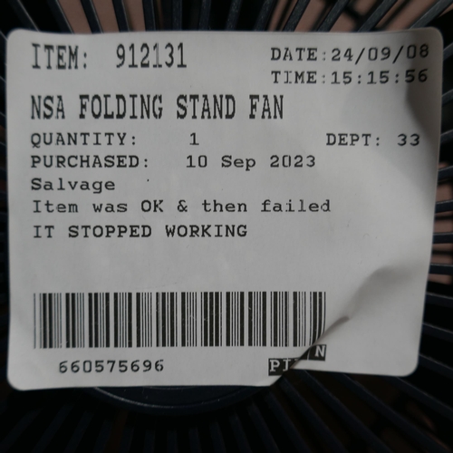 6188 - Two NSA Folding Stand Fans (Only one remote) (345-331,332) *This lot is subject to Vat