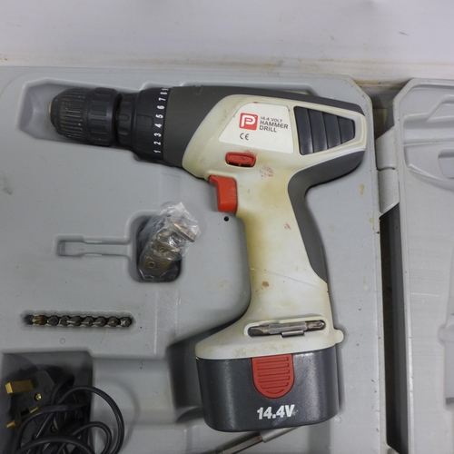 5008 - A Performance Power 14.4V cordless hammer drill with battery and charger - in case