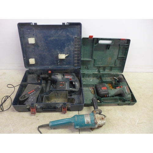 5040 - 3 power tools including a Makita 9005B, 110V angle grinder, a Bosch PSB 24 VE-2 cordless drill with ... 