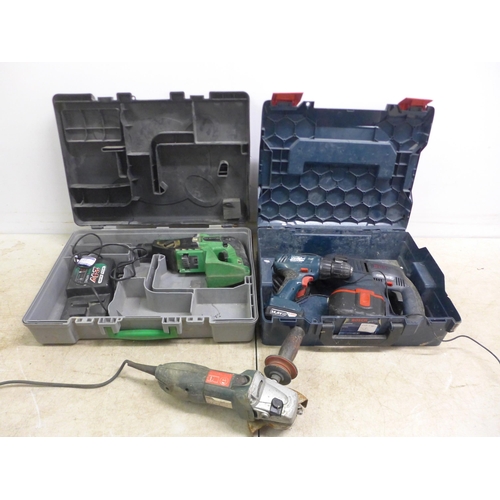 5042 - 3 power tools including a Metabo 110V angle grinder, a Hitachi DH 24DVA, 24V hammer drill with 24V b... 