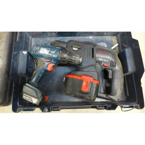 5042 - 3 power tools including a Metabo 110V angle grinder, a Hitachi DH 24DVA, 24V hammer drill with 24V b... 