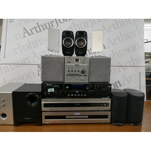 5085 - Two Sony dvd players with an Extreme Performance karaoke system and a box of assorted audio equipmen... 