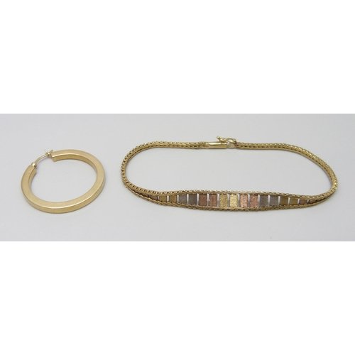 7007 - A single 9ct gold hoop earring and a 9ct tri-colour gold bracelet, 1.4g and 6.6g, 20cm