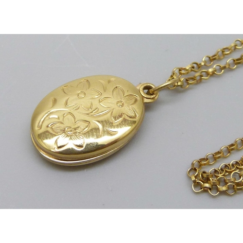 7008 - A 9ct gold locket and chain, 2.5g, chain 43cm