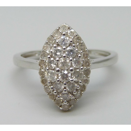 7014 - A 9ct white gold diamond cluster ring, 34 diamonds, estimated total weight 1.00ct, U, 4.2g