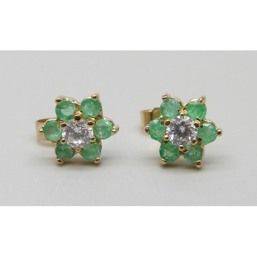 7017 - A pair of 9ct gold, emerald and white stone earrings, 1.2g