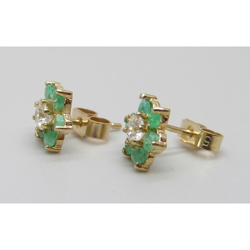 7017 - A pair of 9ct gold, emerald and white stone earrings, 1.2g