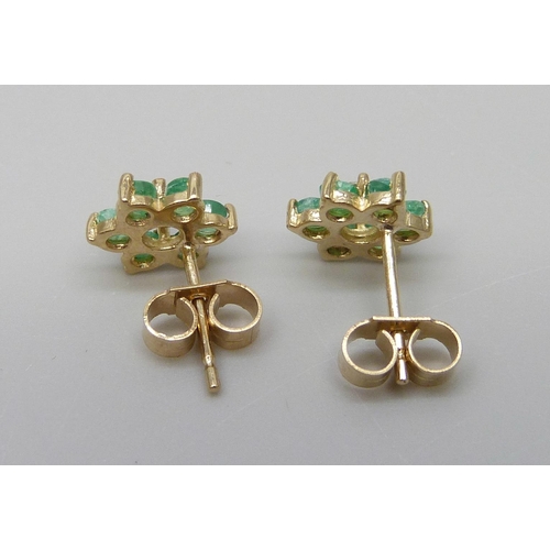 7017 - A pair of 9ct gold, emerald and white stone earrings, 1.2g