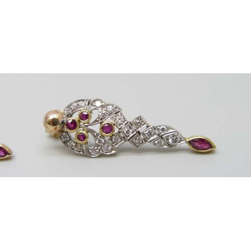 7034 - A pair of 9ct gold, ruby and diamond drop earrings, 2.8g, boxed