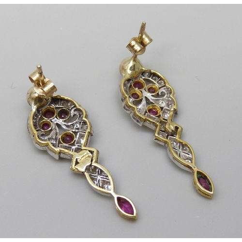 7034 - A pair of 9ct gold, ruby and diamond drop earrings, 2.8g, boxed